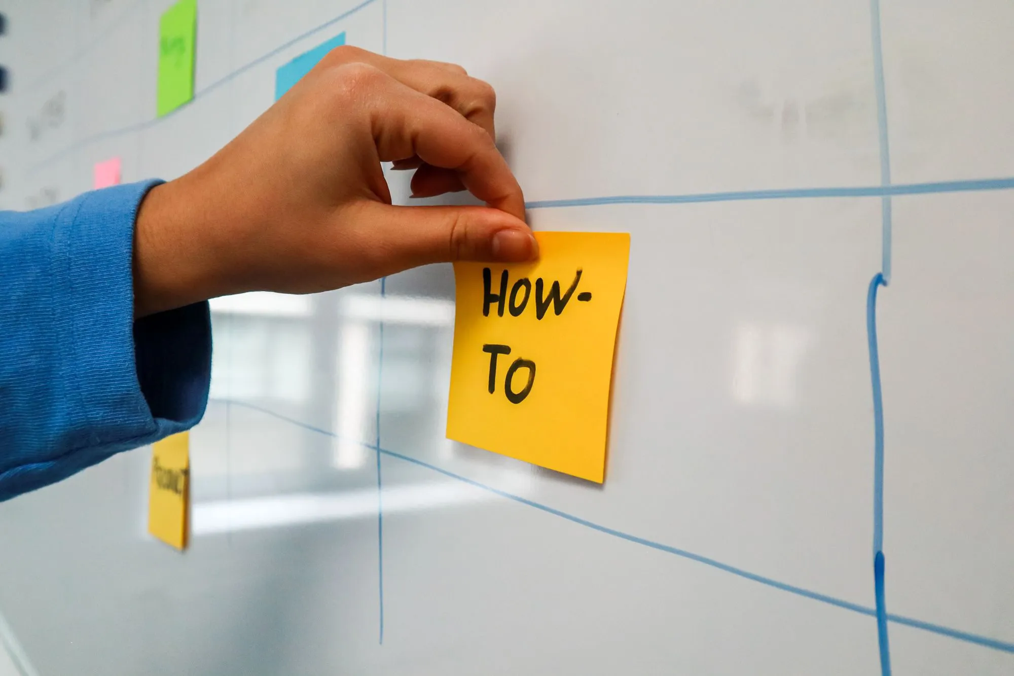 A hand placing a sticky note that reads How-To on a whiteboard